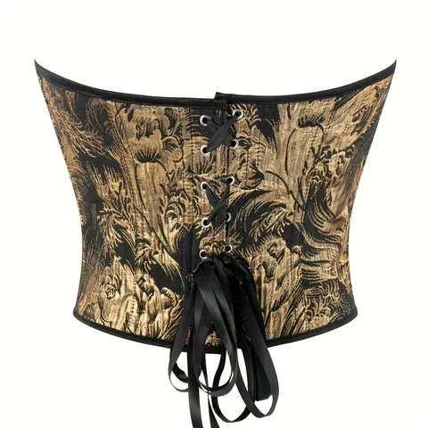 Women Retro Baroque Print Corset Top Vintage Front Metal Buckle Back Lace Up Slim Body Shaping Bustier Black Gold
