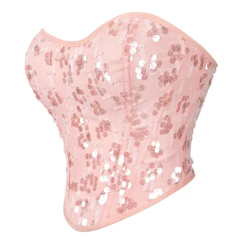 Damen Sexy Pailletten Trägerloses Bustier Korsett Top Herz-Ausschnitt Formendes Crop Top Party Clubwear Polyester
