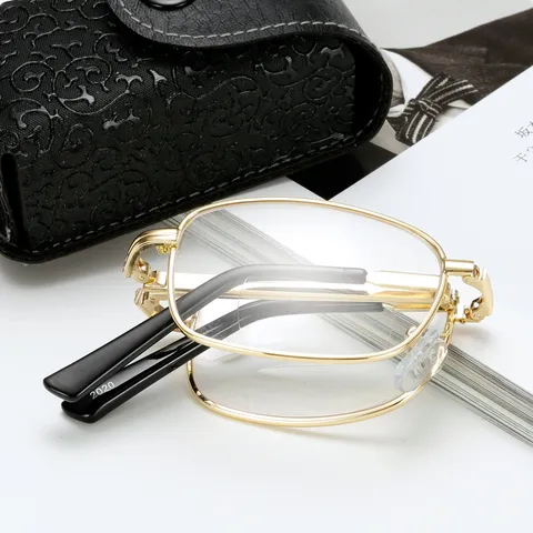 Draagbare Opvouwbare Leesbril Dames Heren Blauwlichtfilter Progressieve Multifocale Metalen Montuur Met Etui