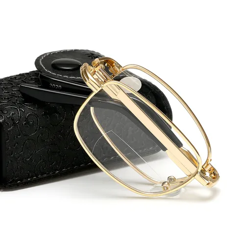 Draagbare Opvouwbare Leesbril Dames Heren Blauwlichtfilter Progressieve Multifocale Metalen Montuur Met Etui