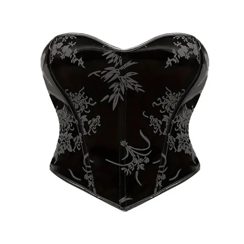 Women Gothic PU Leather Corset Top Vintage Floral Print Lace-Up Bustier Fishbone Shapewear Sexy Party Clubwear
