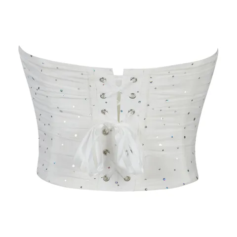 Damen Sexy Pailletten Mesh Atmungsaktiv Trägerlos Korsett Top Push-Up Bustier Stäbchen Body Shaper Party Weste