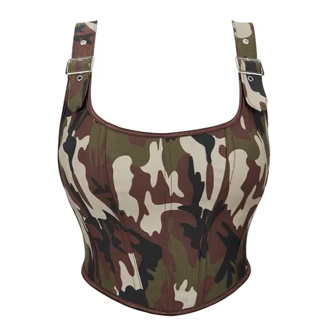 Damen Camouflage Korsett Top Verstellbarer Träger Bustier Slim Fit Knochen Crop Top Sexy Party Clubwear Streetwear