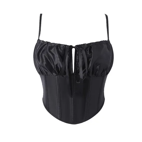 Haut Corset en Satin Sexy pour Femmes Noir Dos Lacé Nœud Avant Buste Court Débardeur Coupe Slim Mode Streetwear