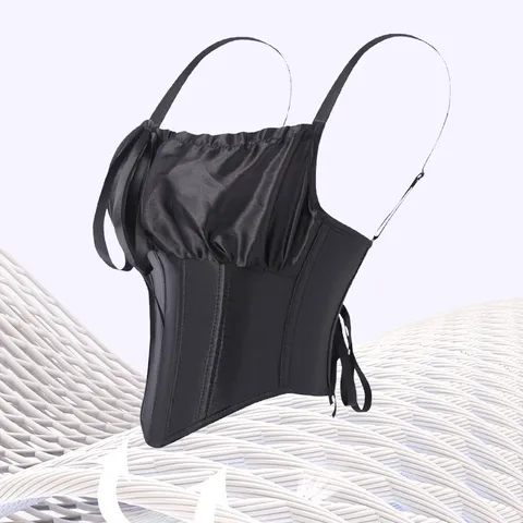 Haut Corset en Satin Sexy pour Femmes Noir Dos Lacé Nœud Avant Buste Court Débardeur Coupe Slim Mode Streetwear