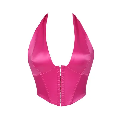 Sexy Satin Neckholder Fischgräten Korsett Top Slim Fit Rückenfrei Bustier Weste Mit Hakenverschluss Vorne Mode Shapewear Für Damen