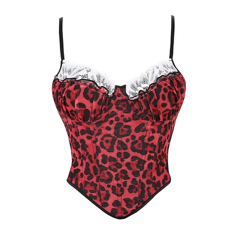 Women Fashion Leopard Print Corset Top Sexy Lace Trim Bustier Dual Straps Boned Shaping Vest Streetwear Clubwear
