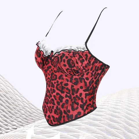 Women Fashion Leopard Print Corset Top Sexy Lace Trim Bustier Dual Straps Boned Shaping Vest Streetwear Clubwear