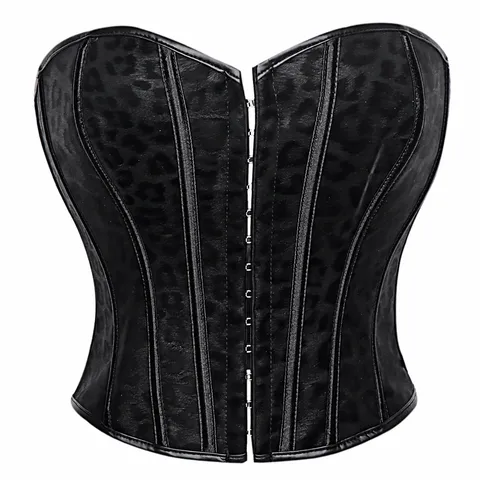 Haut de Corset de Palais en Similicuir Noir pour Femmes Vintage Boutonnage Simple Push Up Modelant Bustier Jacquard Léopard