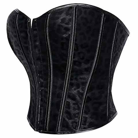 Haut de Corset de Palais en Similicuir Noir pour Femmes Vintage Boutonnage Simple Push Up Modelant Bustier Jacquard Léopard
