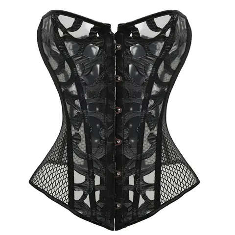 Women Gothic Vintage Corset Top Mesh Hollow Out Boned Bustier Lace Up Waist Cincher Underbust Shaper Sexy Slim Fit Outerwear