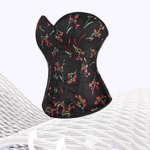 Haut Corset Sexy Noir Broderie Florale pour Femmes Support en Baleines Bustier Vintage Gothique Crop Top Fête Clubwear