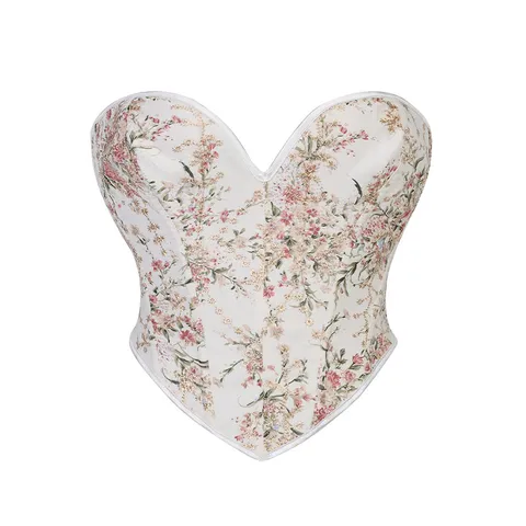 Women Sweetheart Neck Floral Print Corset Top Vintage Bustier Lace Up Bone Supported Crop Top Slim Fit Party Clubwear