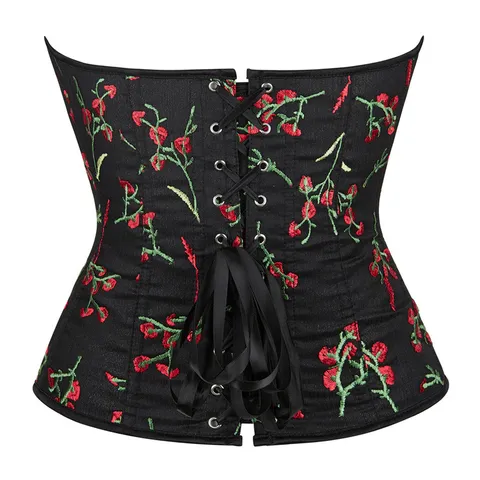 Haut Corset Sexy Noir Broderie Florale pour Femmes Support en Baleines Bustier Vintage Gothique Crop Top Fête Clubwear
