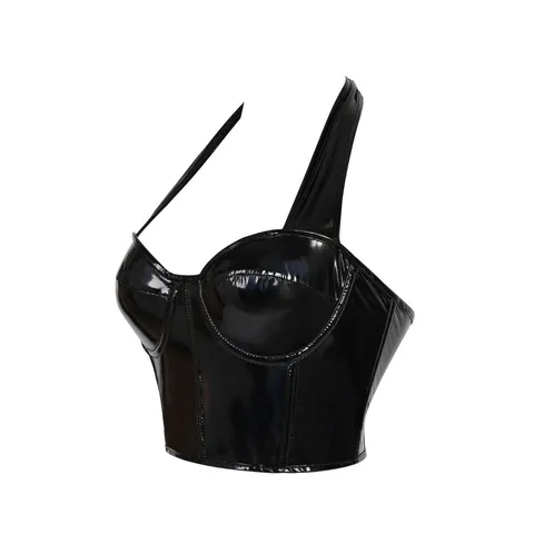 Damen Sexy PU Leder Halter Korsett Top Ärmellos Rückenfrei Push Up Stahlring Bustier Club Party Crop Top