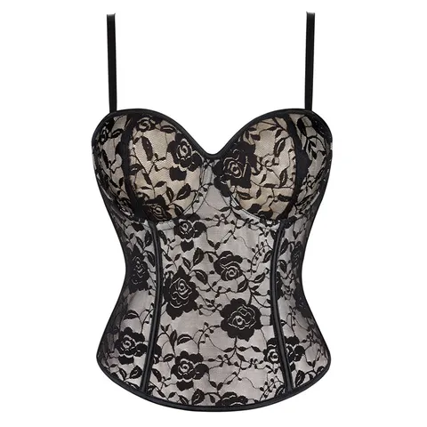 Top Corsé de Encaje Negro Sexy para Mujer Vintage Bustier con Varillas Control de Abdomen Faja Moldeadora Lencería
