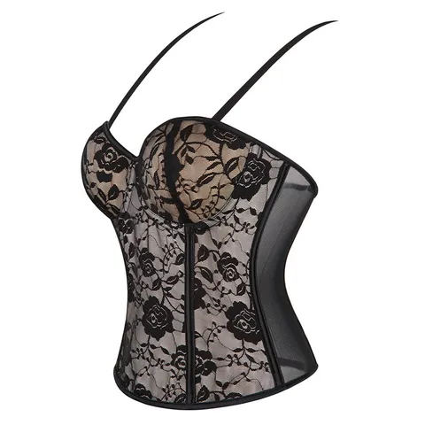 Top Corsé de Encaje Negro Sexy para Mujer Vintage Bustier con Varillas Control de Abdomen Faja Moldeadora Lencería