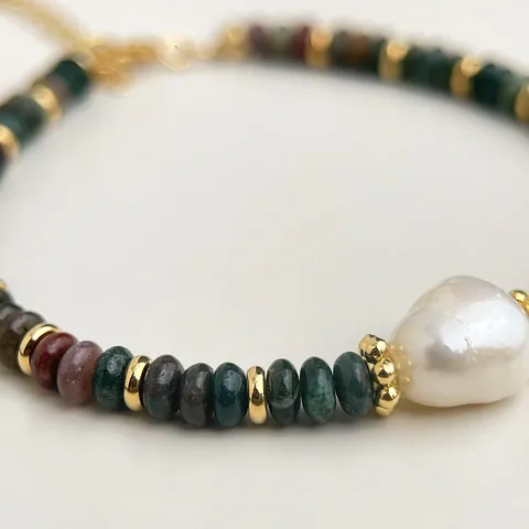 Natural Stone Indian Agate Freshwater Pearl Bracelet Handmade Retro Ethnic Style Beaded Jewelry For Women