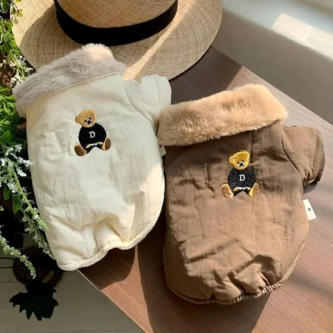 Pet Dog Winter Warm Cotton Coat Cute Bear Thickened Plush Collar Two-Leg Clothes Puppy Cold Weather Apparel Outfits