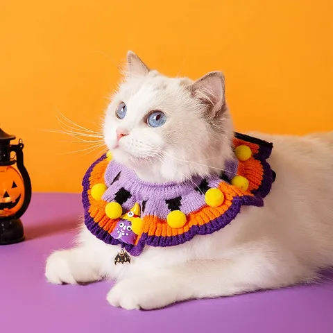 Halloween Pet Knitted Collar Cute Pumpkin Ghost Cat Bib Festive Woven Scarf Adjustable Kitten Puppy Dress Up Accessories