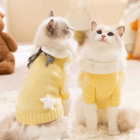 Herfst Winter Schattige Huisdier Kat Hond Gebreide Trui Verdikt Warm Prinses Jurk Puppy Kleding Kern-Gesponnen Garen Geel