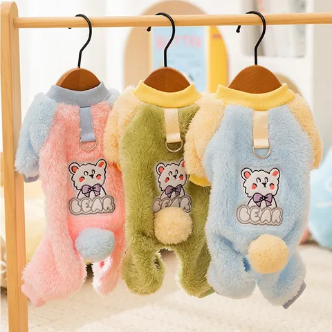 Vestiti in Pile a Quattro Zampe Caldi per Animali Autunno Inverno Simpatico Ricamo Orso Con Anello Guinzaglio per Piccoli Cani Gatti Abbigliamento
