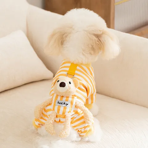 Cute Pet Dog Four Legged Clothes Autumn Winter German Velvet Striped Jumpsuit With 3D Bear Leash Ring Puppy Apparel