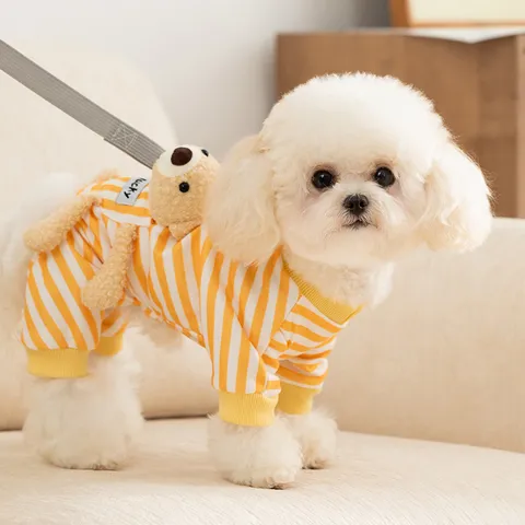 Cute Pet Dog Four Legged Clothes Autumn Winter German Velvet Striped Jumpsuit With 3D Bear Leash Ring Puppy Apparel
