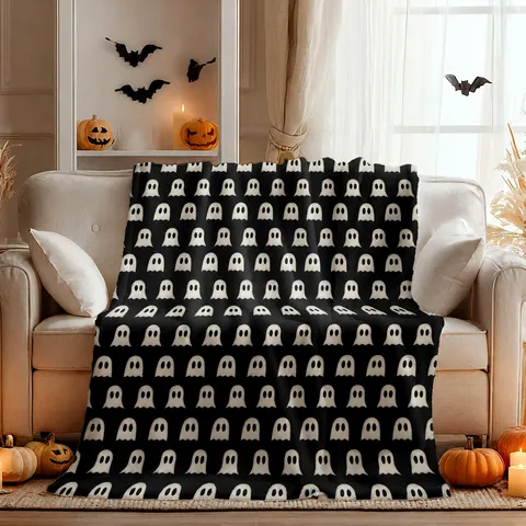 Halloween Ghost And Skull Printed Throw Blanket Soft Lightweight Fleece Blanket For Sofa Bed Living Room Home Decor Gift