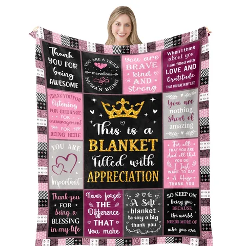 Flannel Blanket Women Thank You Gift Crown Letter Print Warm Soft Cozy Fleece Blanket For Home Bed Sofa