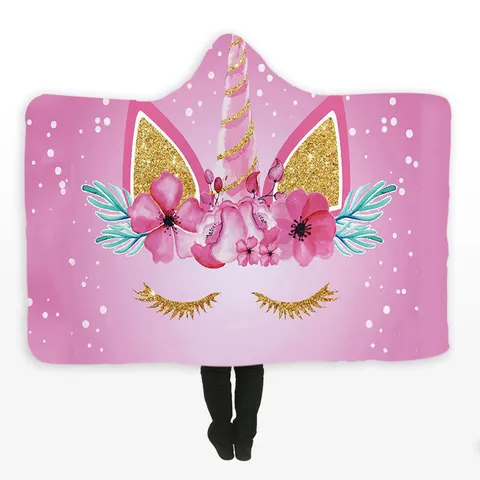 Coperta Con Cappuccio Unicorno Mantello Ispessito Doppio Strato Peluche Stampato Digitale Coperta Indossabile Per Bambini Adulti Casa Regalo