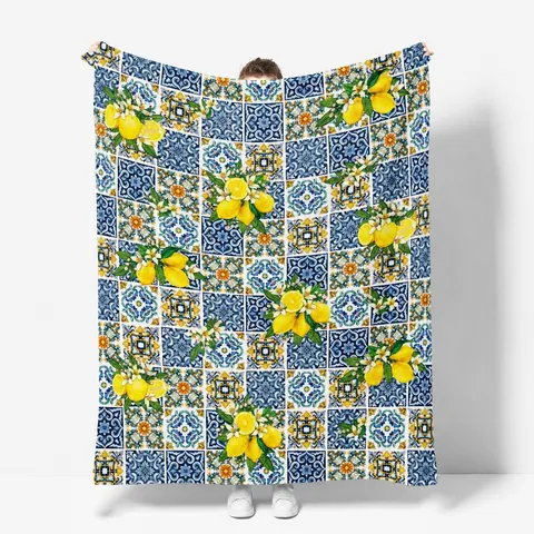 Vintage Lemon Floral Flannel Blanket Soft Warm Fleece Throw Blanket For Bed Sofa
