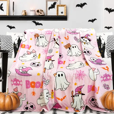 Pink Ghost Halloween Flannel Blanket Cute Cartoon Pumpkin Soft Warm Throw Blanket For Sofa Bed Chair Home Textile