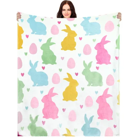 Easter Bunny Egg Flannel Blanket Colorful Cartoon Digital Print Throw Blanket Soft Warm Bedding Blanket Home Decor