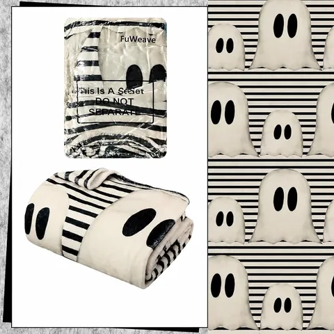 Halloween Ghost Flannel Blanket Cute Farmhouse Black and White Striped Throw Blanket Soft Warm Bedding Decor