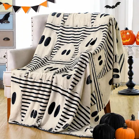 Halloween Ghost Flannel Blanket Cute Farmhouse Black and White Striped Throw Blanket Soft Warm Bedding Decor