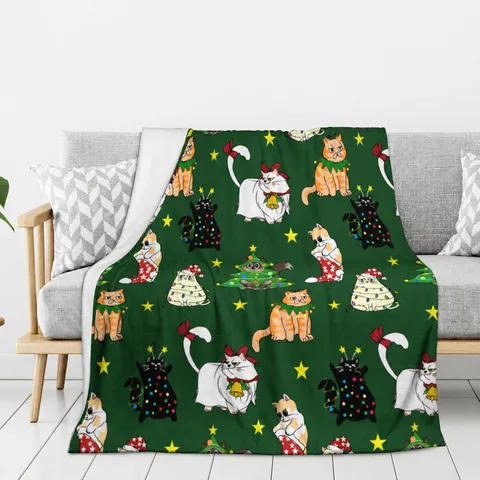 Christmas Cat Throw Blanket Soft Fluffy Warm Flannel Fleece Blanket Cozy Holiday Bed Blanket For Living Room Bedroom Home Decor