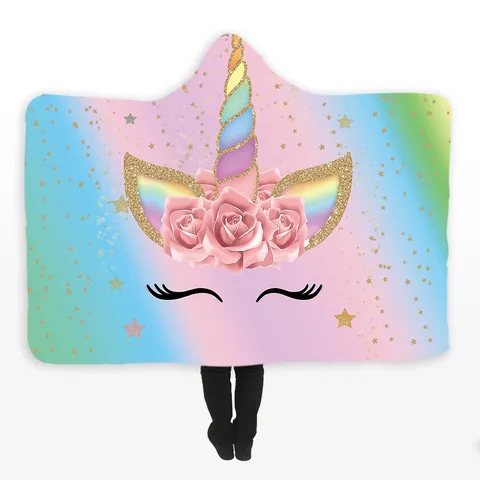Coperta Con Cappuccio Unicorno Mantello Ispessito Doppio Strato Peluche Stampato Digitale Coperta Indossabile Per Bambini Adulti Casa Regalo