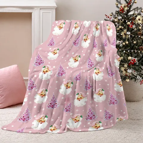 Soft Pink Christmas Blanket Cute Santa Claus Snowflake Holiday Blanket Cozy Flannel Fleece Blanket For Bedroom Living Room Bedding