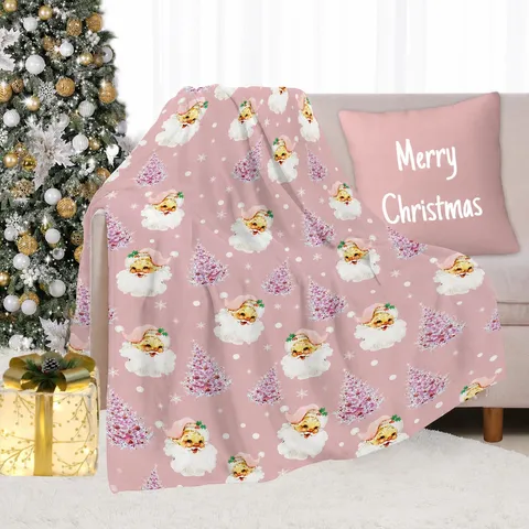 Soft Pink Christmas Blanket Cute Santa Claus Snowflake Holiday Blanket Cozy Flannel Fleece Blanket For Bedroom Living Room Bedding