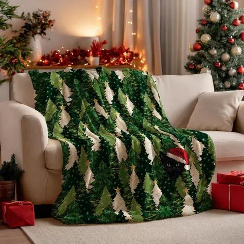 Christmas Flannel Blanket Soft Plush Cozy Festive Throw Blanket With Green Tree And Snow Cat Pattern For Home Bedding