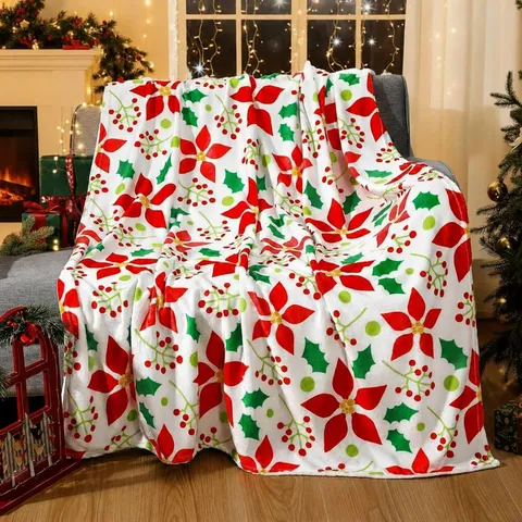 Christmas Poinsettia Flannel Blanket Soft Warm Plush Holiday Decorative Throw Blanket For Winter Home Bed Sofa