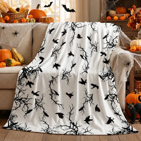 Gothic Raven Branch Printed Plush Blanket Halloween Decorative Sofa Throw Blanket Soft Flannel Warm Bed Blanket