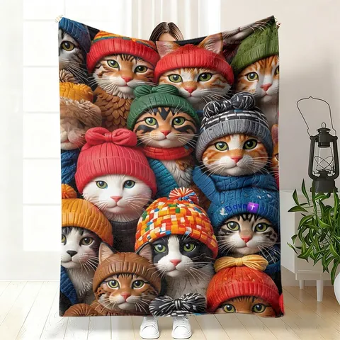 Cute Cartoon Cat Flannel Blanket Soft Warm Fleece Throw Blanket For Sofa Bed Office Nap Home Decor