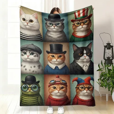 Cute Cartoon Cat Flannel Blanket Soft Warm Fleece Throw Blanket For Sofa Bed Office Nap Home Decor