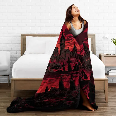 Halloween Gothic Castle Pumpkin Ghost Printed Flannel Blanket Soft Warm Home Party Decor Throw Blanket