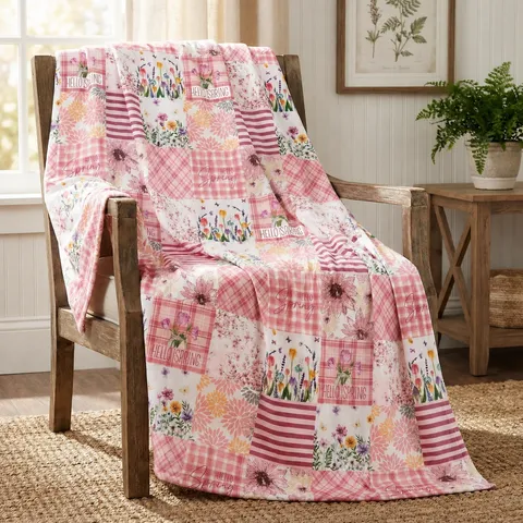 Spring Summer Flannel Blanket Pink Floral Patchwork Soft Plush Warm Fleece Blanket For Sofa Bed Rest Home Textile
