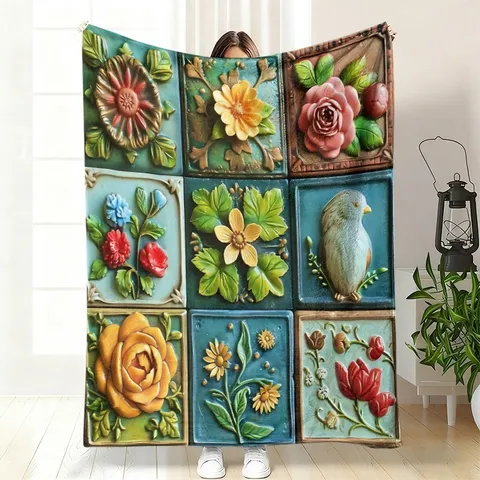 Vintage Floral Flannel Blanket 3D Hand Painted Flower Plant Throw Blanket For Sofa Living Room Soft Cozy Bed Blanket