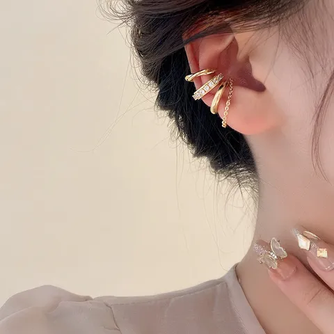 Minimalistisch Kupfer Geometrisch Zirkonia Ohrklemmen Set Gold Silber Plattiert Quaste Kette Ohrclips Ohne Piercing Knorpel Ohrringe Für Damen Schmuck
