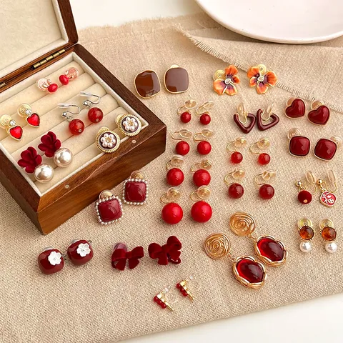 Vintage Kupfer Emaille Ohrclips Für Nicht Durchstochene Ohren Vergoldet Französisch Weinrot Geometrisch Floral Moskito Spulen Ohrringe Damen Schmuck